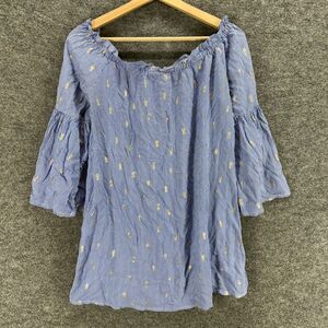 Solitaire Swim Tunic Top Women L Large Blue Striped 3/4 Sleeve Rayon Swimwear